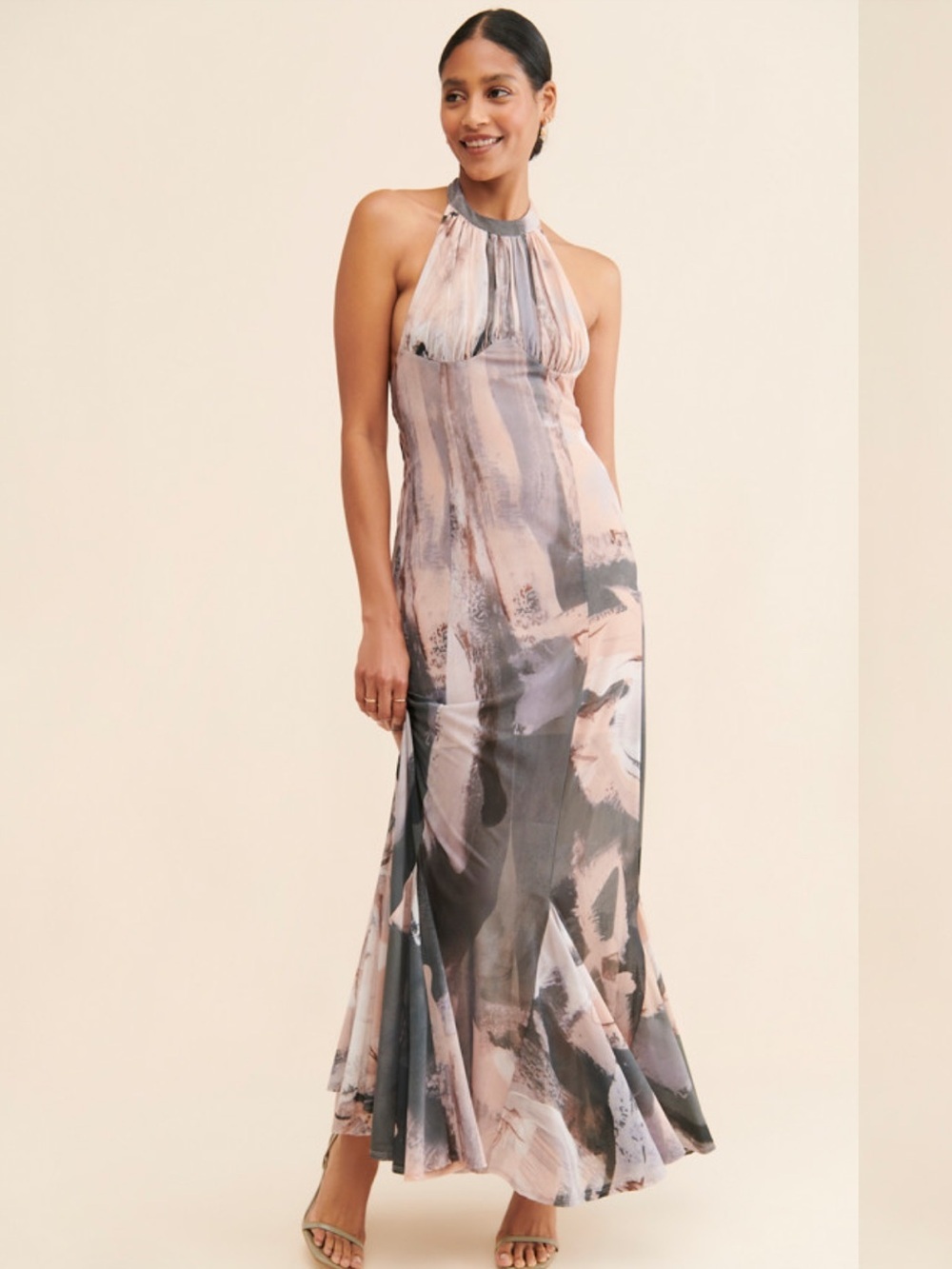 Anthropologie Halter Maxi Dress in Blush and Gray Abstract Print